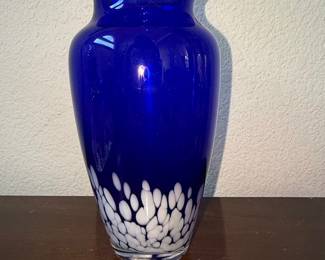 Murano Style Cobalt Blue and White Spatter Glass Vase