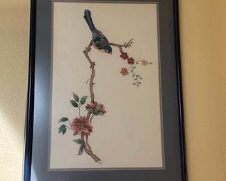 Framed Cross-Stitch Embroidery of a Bird on a Branch
