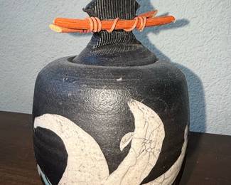 Kenji Yoshikawa Studio Art Pottery Vase with Wave Motif and Twig Closure