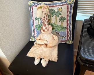 Vintage "Tropical Scene" Tapestry Pillow with Dressed Giraffe Figurine