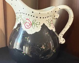 Hand-Painted Ceramic Pitcher with Black and White Polka Dot Trim