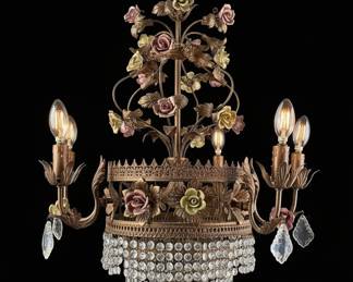 Vintage Italian Chandelier with Porcelain Roses and Crystal Droplets