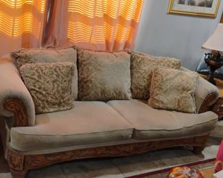 Traditional Upholstered Sofa with Carved Wood Accents