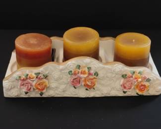 Vintage Ceramic Rose Candle Holder with Three Pillars