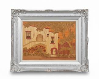 Vintage Mexican Popotillo Straw Art - Mediterranean Courtyard Scene