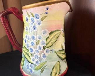 Pottery Hand-Painted Pitcher with Flowers