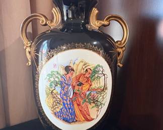 Vintage Japanese Black Porcelain Vase with Gilt Handles and Figural Scene