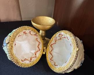 Decorative Hinged Egg Trinket Box with Floral and Butterfly Embellishments on Pedestal Base