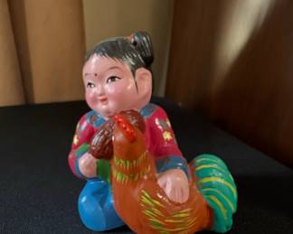 Vintage Wuxi Huishan Clay Figurine of a Girl with a Rooster