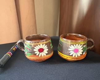 Set of Two Hand-Painted Mexican Terracotta Mugs