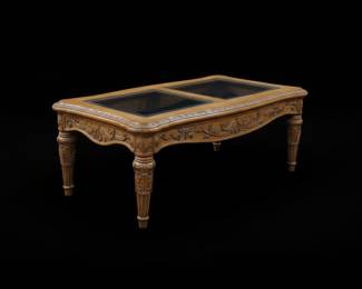 Ornate Carved Wood Coffee Table with Glass Top