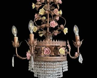 Vintage Italian Chandelier with Porcelain Roses and Crystal Droplets