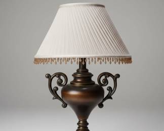Traditional Bronze Urn Table Lamp with Scrolled Handles and Beaded Shade