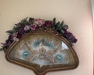 Framed Decorative Fan with Floral Embellishments and Pastoral Scene