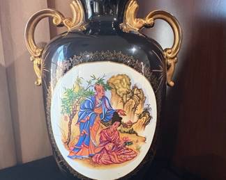 Vintage Japanese Black Porcelain Vase with Gilt Handles and Figural Scene