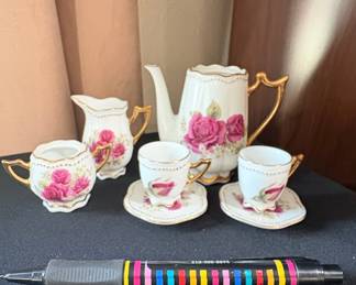 Vintage Porcelain Miniature Tea Set with Roses and Gold Trim