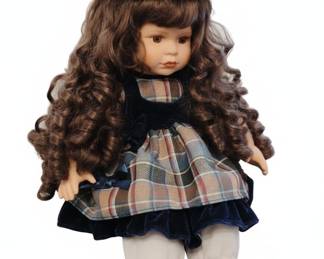 Vintage Porcelain Doll with Plaid Dress and Teddy Bear