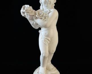 White Cherub Statue with Roses