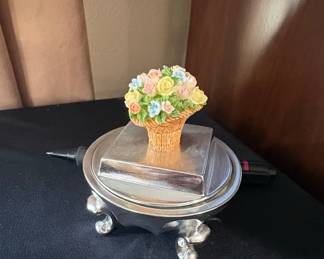 Vintage Ceramic Flower Basket Figurine on Silver-Tone Base