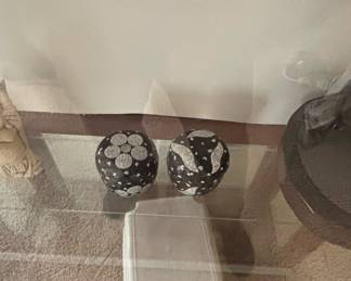 Pair of Decorative Spheres with Floral and Abstract Motifs