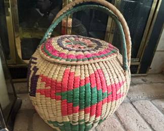 Vintage Woven Straw Basket with Lid and Handle - Snake Charmer Style