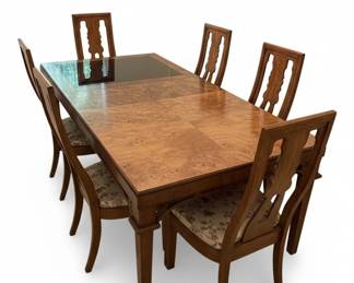 Burl Wood Dining Table with Black Lacquer Inset and Chairs