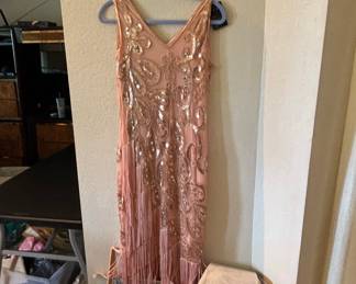 1920s Style Rose Gold Sequin and Fringe Flapper Dress