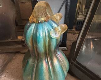 Iridescent Teal and Amber Glass Pumpkin Figurine