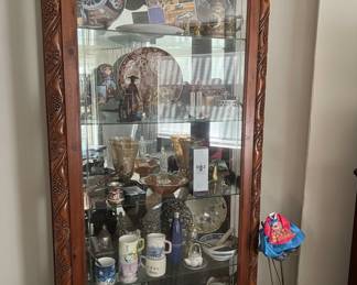 Antique Carved Oak Curio Cabinet with Assorted Collectibles