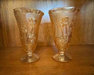 Jeannette Iris and Herringbone Carnival Glass Vases - Pair