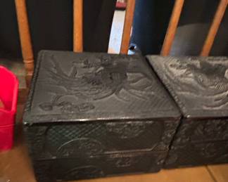 Vintage Chinese Carved Lacquer Boxes with Dragon and Phoenix Motifs