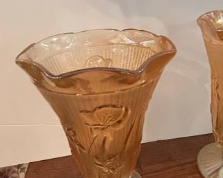 Jeannette Iris and Herringbone Carnival Glass Vase Set