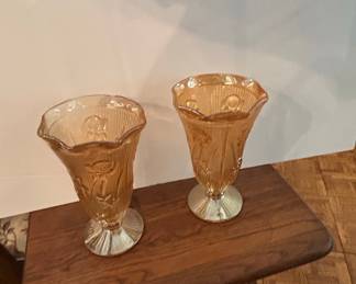 Jeannette Iris and Herringbone Carnival Glass Vase Set