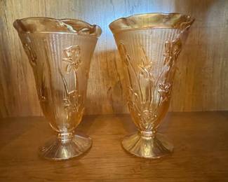 Jeannette Iris and Herringbone Carnival Glass Vases - Pair