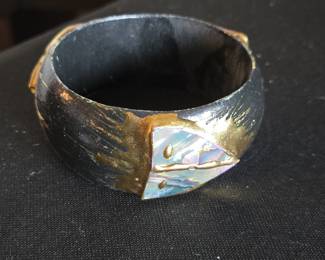 Vintage Abalone Inlay Bangle Bracelet with Gold-Tone Accents