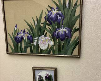 Japanese Iris and Violet Embroidery Art Pair