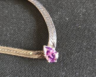 Sterling Silver Herringbone Chain Necklace with Pear-Cut Amethyst Pendant