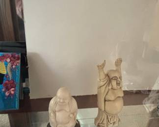 Lot of Two Laughing Buddha Figurines and a Crystal Jar