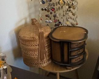 Vintage Wooden Jewelry Box with Drawers and Wicker Basket