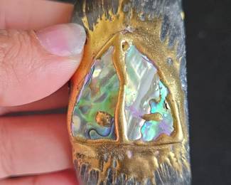 Vintage Abalone Inlay Bangle Bracelet with Gold-Tone Accents