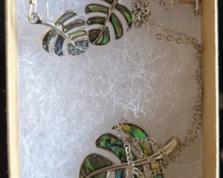 Leaf Pendant Necklace and Matching Earrings Set with Abalone Inlay