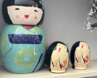 Kokeshi Doll Set - Ceramic, Turquoise Kimono