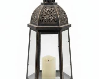 Ornate Moroccan Metal Lantern with Glass Panels