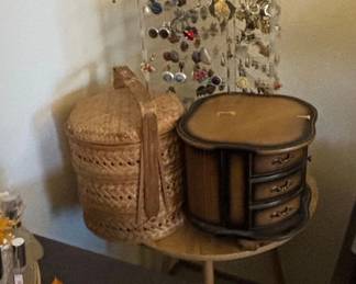 Vintage Wooden Jewelry Box with Drawers and Wicker Basket