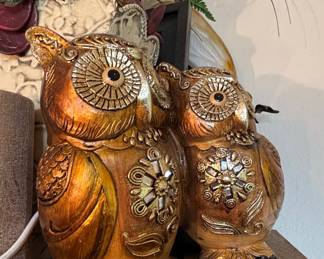 Pair of Decorative Gold-Tone Owls with Mosaic Embellishments