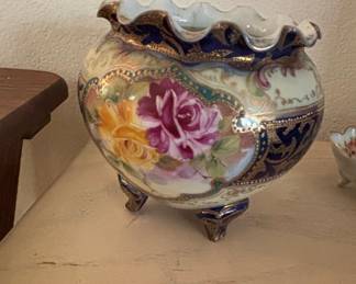 Antique Nippon Hand-Painted Porcelain Footed Bowl with Floral Motif and Matching Dishes