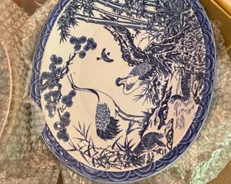 Large Antique Japanese Arita Porcelain Plate with Crane and Bamboo Motif