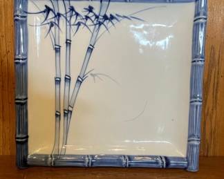 Vintage Japanese Blue and White Bamboo Pattern Ceramic Platter