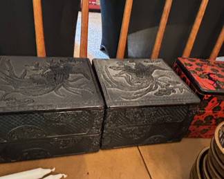 Vintage Chinese Carved Lacquer Boxes with Dragon and Phoenix Motifs