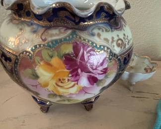 Antique Nippon Hand-Painted Porcelain Footed Bowl with Floral Motif and Matching Dishes